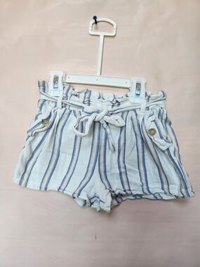 1st Kiss White and Blue Striped Paperbag Waist Shorts